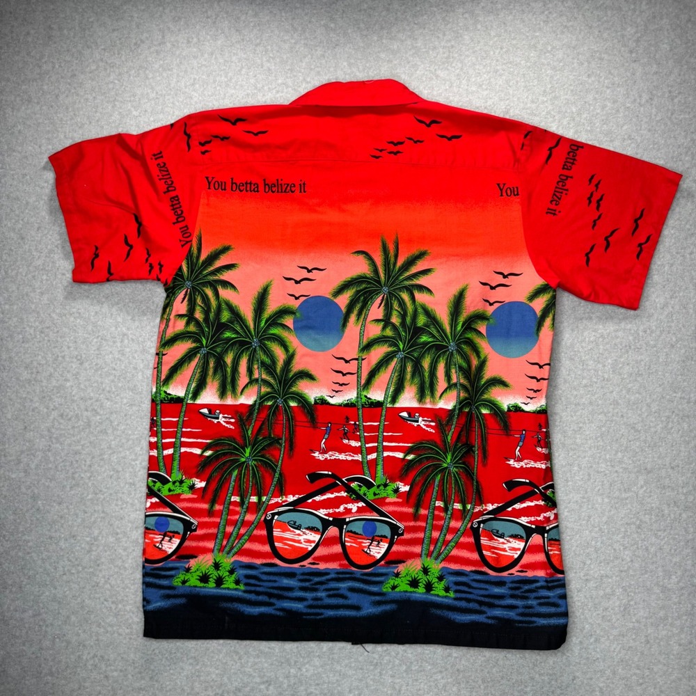 Island Expressions Hawaiian Camp Shirt Mens L Red You Betta Belize It Tropical - Picture 2 of 7